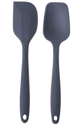 2 Parça Yanmaz Silikon Düz Spatula + Yassı Spatula - Antrasit 2'li Set