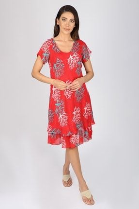 %100 Pamuklu Kısa Kollu Mercan Desenli Elbise Kırmızı PPR00035