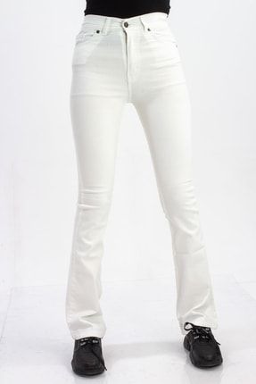 1026 Yüksek Bel Ispanyol Paça Kadın Kot Pantolon Beyaz C0-T0001-00012