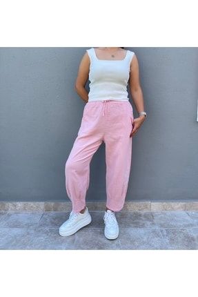 Kadın Pembe Renk Keten Paçası Pensli Beli Lastikli Pantolon CSDER