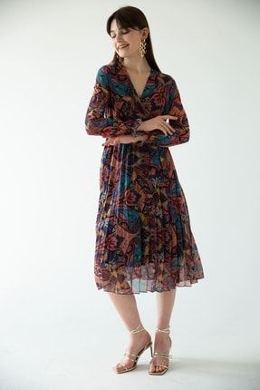 Bayan Yeşil Şifon Kumaş Kruvaze Yaka Desenli Elbise DYG-02555