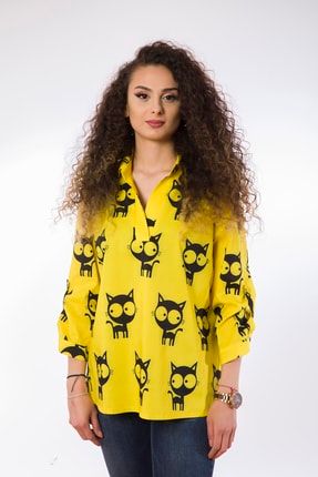 Lamia Donna Dijital Poplin Kedi Desenli Sarı Gömlek 8202202011010