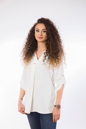 Lamia Donna Plakalı Oversize Beyaz Bluz 820220202109-10