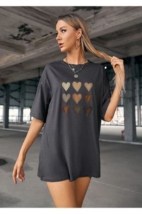 Kadın Kalp Baskılı Oversize T-shirt 5248445205