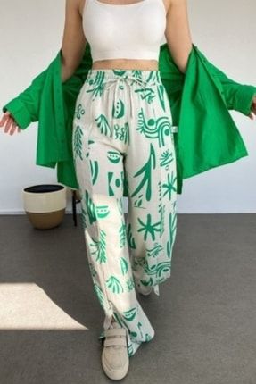 Kadın Yeşil Yaprak Desenli Bağcık Detaylı Lastik Bel Yırtmaç Paçalı Keten Pantolon YDKP001