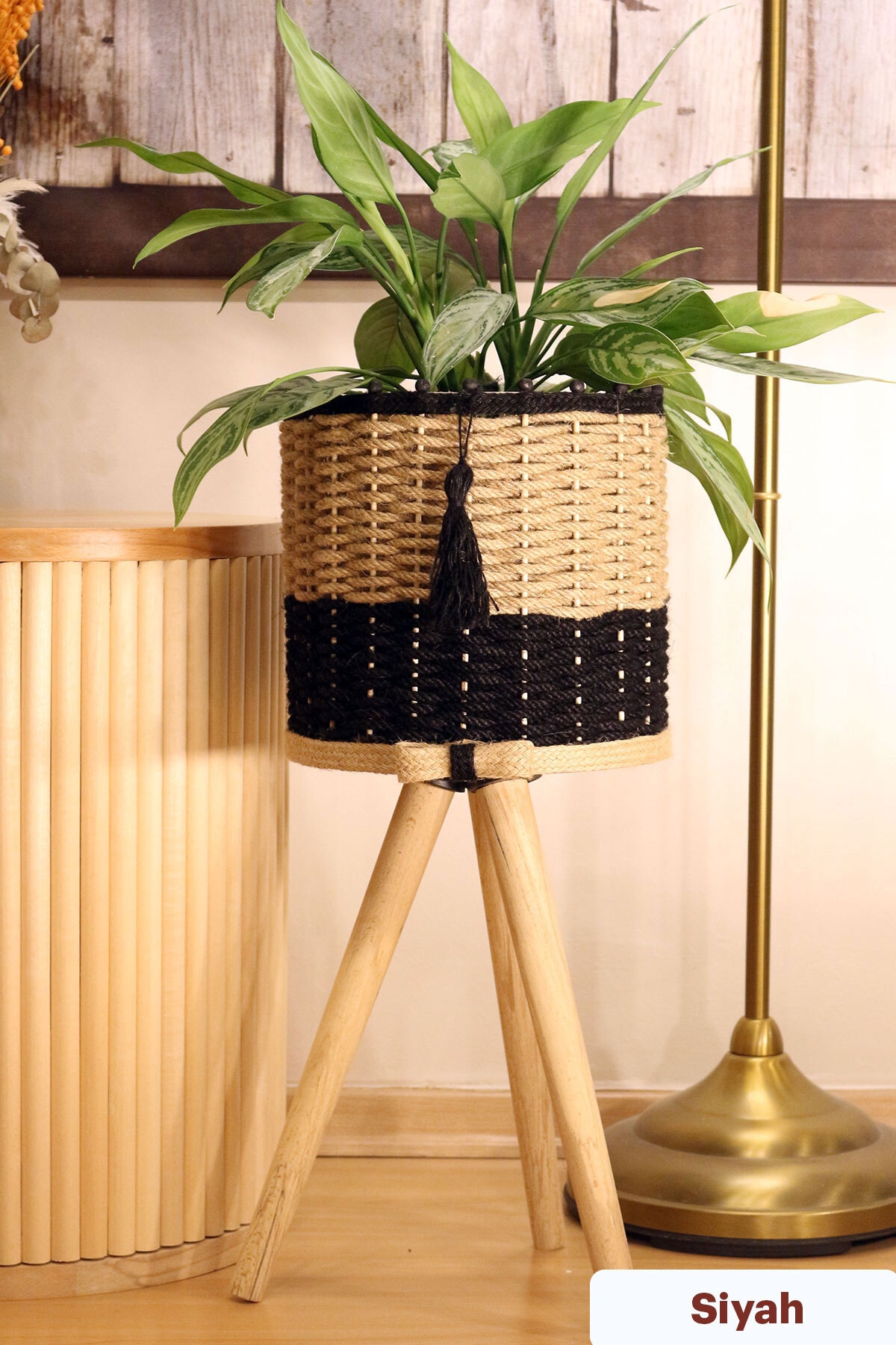 Jute Braided Straw Basket Wooden Planter 26cm Legs Black