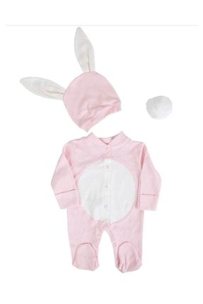 Kız Bebek Ponponlu Pembe Tavşan Kostüm Tulum Seti mnmstavşan
