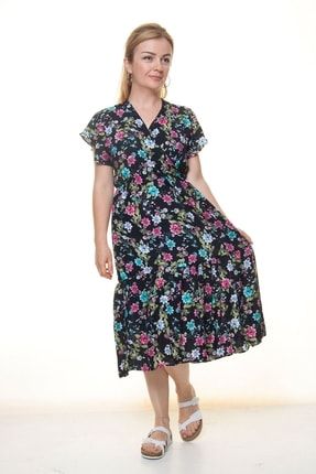 Kadın Kruvaze Yaka Desenli Yazlık Midi Elbise 12a-6076 12A-6066