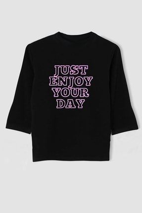 Just Enjoy Your Day Baskılı Yarım Kollu Siyah T-shirt T3210