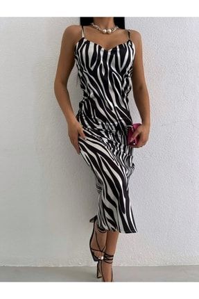 Zebra Desenli Midi Boy Askılı Saten Elbise MY-342772