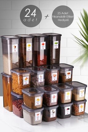 Etiketli 24lü Geniş Dikdörtgen Moly Saklama Kabı Seti 3.2 Lt-2 Lt-1.3lt Erzak Saklama Kabı Kavanoz MCH08496