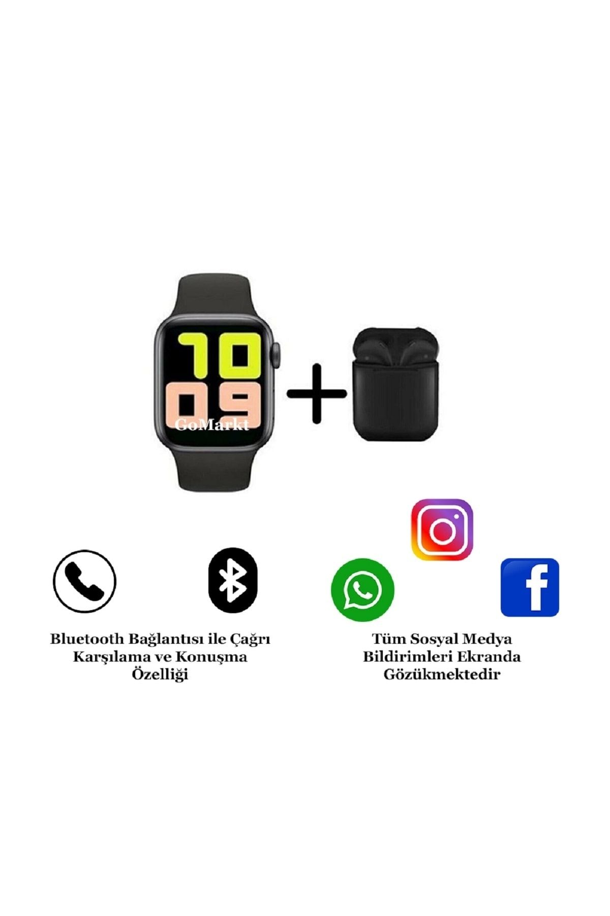 Smart Watch 6 Series Ve I12 Bluetooth Kulaklık Tüm Telefonlarla Uyumlu Siyah Renk