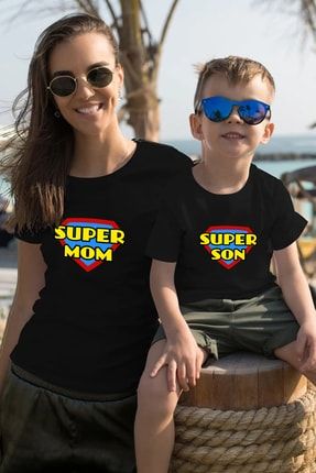 Super Mom Super Son Baskılı Anne Oğul Kombin Siyah Pamuklu Tişört TYC00477973284