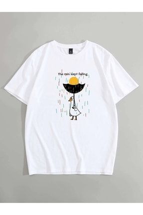 Oversize Unisex The Rain Kept Falling Baskılı T-shirt %100 Pamuk mdl-nseason-55