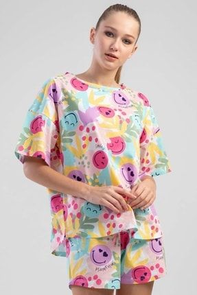 Kadın Pamuklu Düşük Omuzlu Kısa Kol Şortlu Pijama Takım 22ILK-1100880391