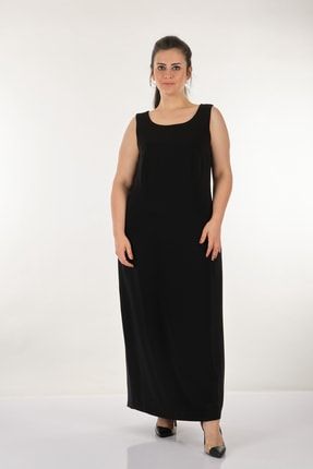 Yuvarlak Yaka Büyük Beden Kolsuz Siyah Kadın Elbise 2212001047
