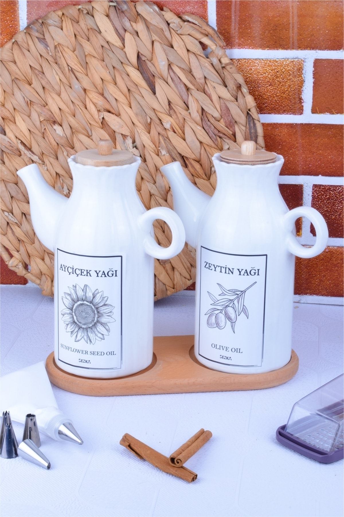 Ceramic Oil & Vinegar Bowl with 2 Bamboo Lids with Stand and 2 Waterproof Private Labels - 1000ml