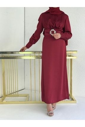Kemerli Taşlı Saten Elbise - Bordo HM-381GHG264GHV11