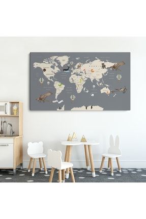 Çocuk Odası İçin Dekoratif Dünya Haritası Kanvas Tablo 3698-2