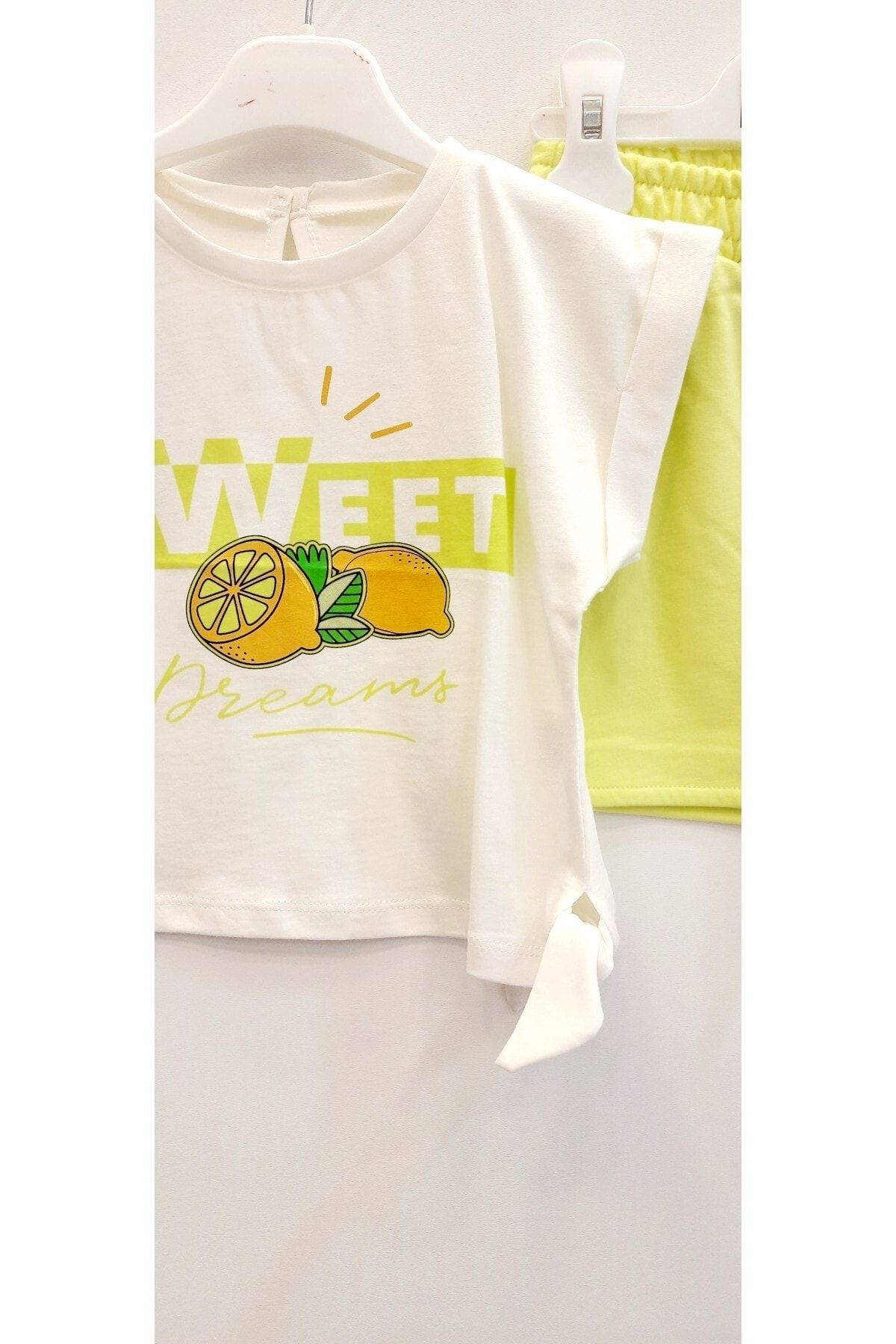MELANİPPE-Printed Ecru Short T-Shirt and Neon Green Shorts Skirt Girl's Set 2