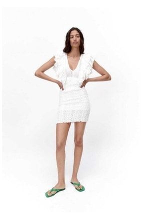 V Yaka Kollari Fırfırlı Beyaz Fisto Elbise Eos00200