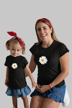 Papatya Baskılı Anne Kız Kombin Siyah Pamuklu Tişört ( Fiyat Tek Adet Tişört Içindir) ANNE-KIZ-015