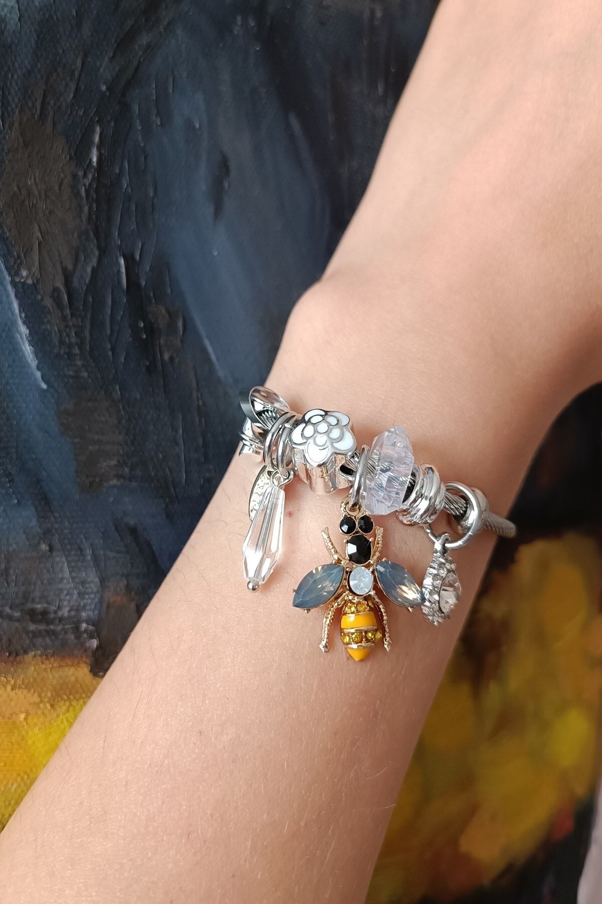 Madambb Women s Silver Color Detailed Steel Bracelet with Bee and