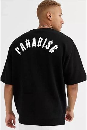 Erkek Siyah Paradise Sırt Baskılı Oversize Biziklet Yaka T-shirt ufktsrt-202