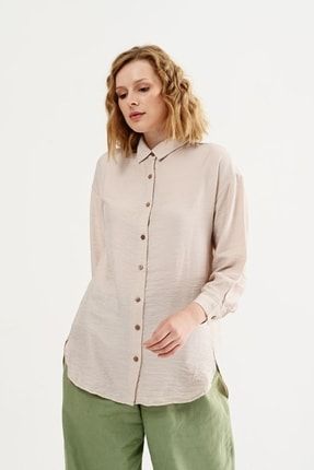 21559-kadın Düz Yaka Oversize Uzun Basic Gömlek - Bej
