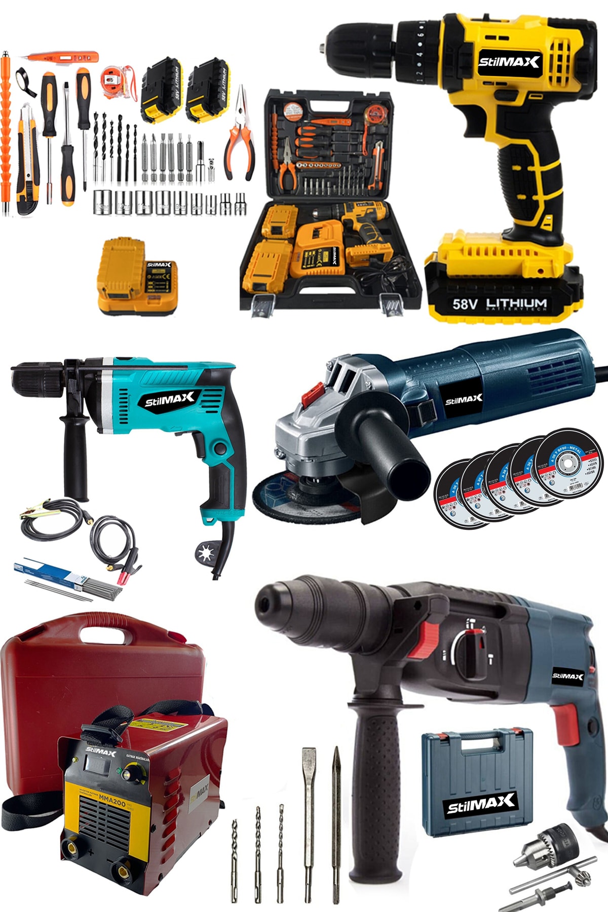 stilmax 5'li Süper Usta İşi Atölye Seti 200a Dijital Invertör Kaynak Makinesi + Matkap Avuç Taşlama Kırıcı