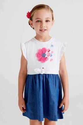 3-9 Yaş Kız Çocuk Flowery Denim Elbise Beyaz MYRL3939-1007