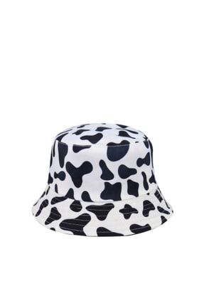 Unisex Siyah Beyaz Inek Desenli Balıkçı Bucket Şapka TYC00478965089