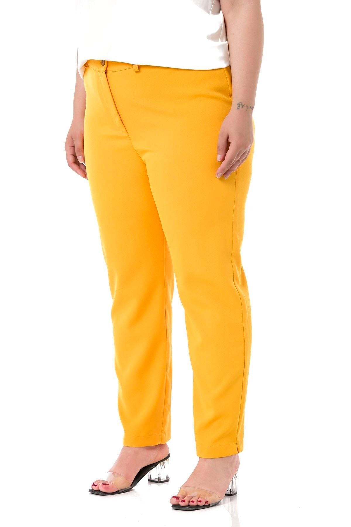 DISENTIS MODEST-Plus Size Mustard Trousers with Elastic Waist and Side Zipper and Slits on the Leg 5