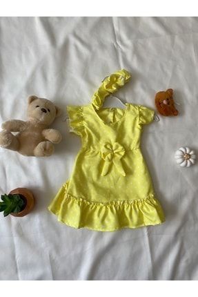Puantiyeli Bandanali Sarı Kız Çocuk Elbise Sarı 123456