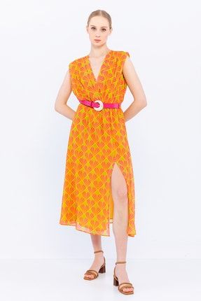 Desenli Düşük Kol Elbise Oranj/fıstık 122Y05005101