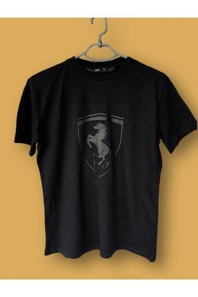 Ferrari Büyük Logo Siyah Mat Baskılı T-shirt ZEP1352