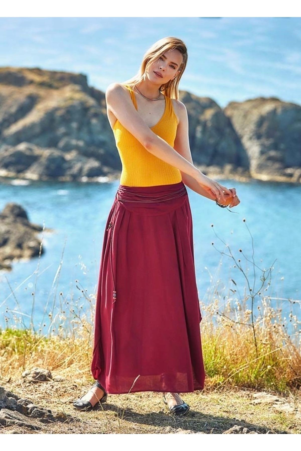Boho burgundy deals maxi skirt