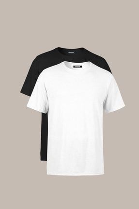 Erkek Siyah-beyaz T- Shirt Regular Fit Rahat Kesim Bisiklet Yaka 2'li Basic Tişört Paketi CMRCP-2