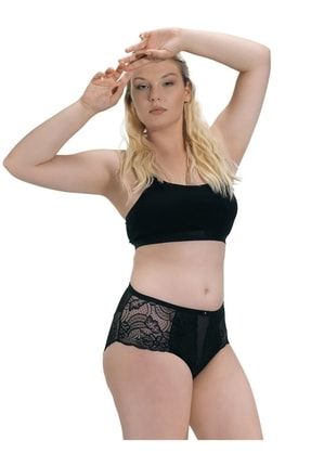 Kadın Siyah Transparan Dantel Tül Detayı Büyük Beden Bikini Külot CTNHLL4461