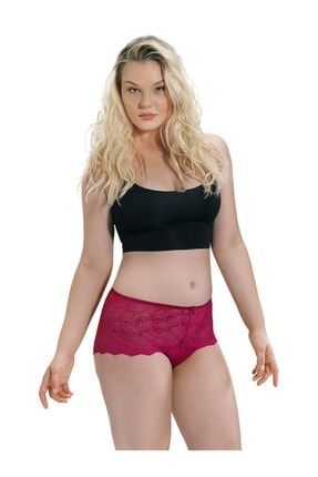 Kadın Bordo Transparan Dantel Tül Detayı Büyük Beden Bikini Külot CTNHLL4479