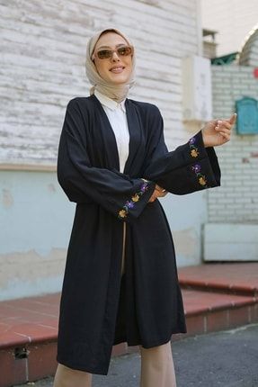 Siyah Kolu Nakış Detaylı Tesettür Ayrobin Kimono MGL4462