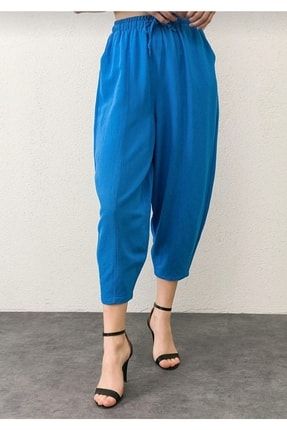 Kadın Keten Önü Dikişli Mavi Şalvar Pantolon 4888
