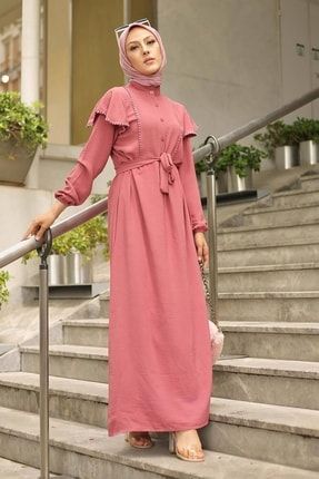 Pudra Omuz Pelerin Detaylı Tesettür Ayrobin Elbise MGL4302