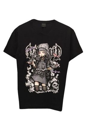 Unisex Harajuku Gothic Skull Girl Baskılı Siyah Tişört HRJKG85632