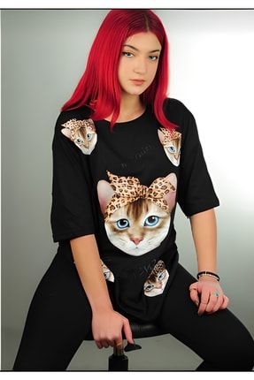 Oversize Kedi Baskı T-shirt kedi baskı