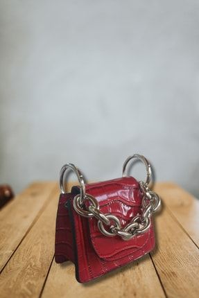 Kırmızı Kroko Kadın Zincirli Mini Çanta minii