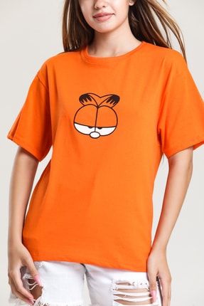 Kadın Turuncu Kısa Kol Bisiklet Yaka Kedi Baskılı Salaş Oversize Baskılı T-shirt MRQ4346