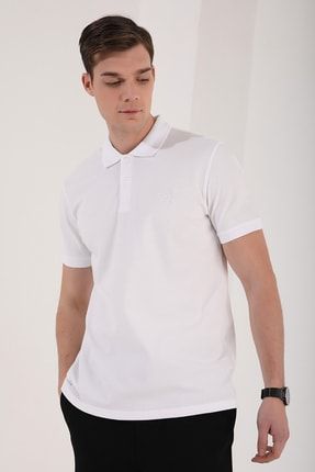 Beyaz Erkek Klasik Black Yazı Nakışlı Dar Kesim Polo Yaka T-shirt-87760 T08ER-87760
