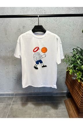 Erkek Beyaz Baskılı Oversize T-shirt BSKB321312