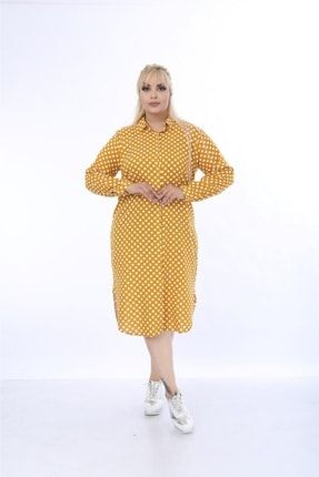 Kadın Sarı Dokuma Viskon Puantiye Detay Boydan Düğmeli Gömlek Tunik 3694
